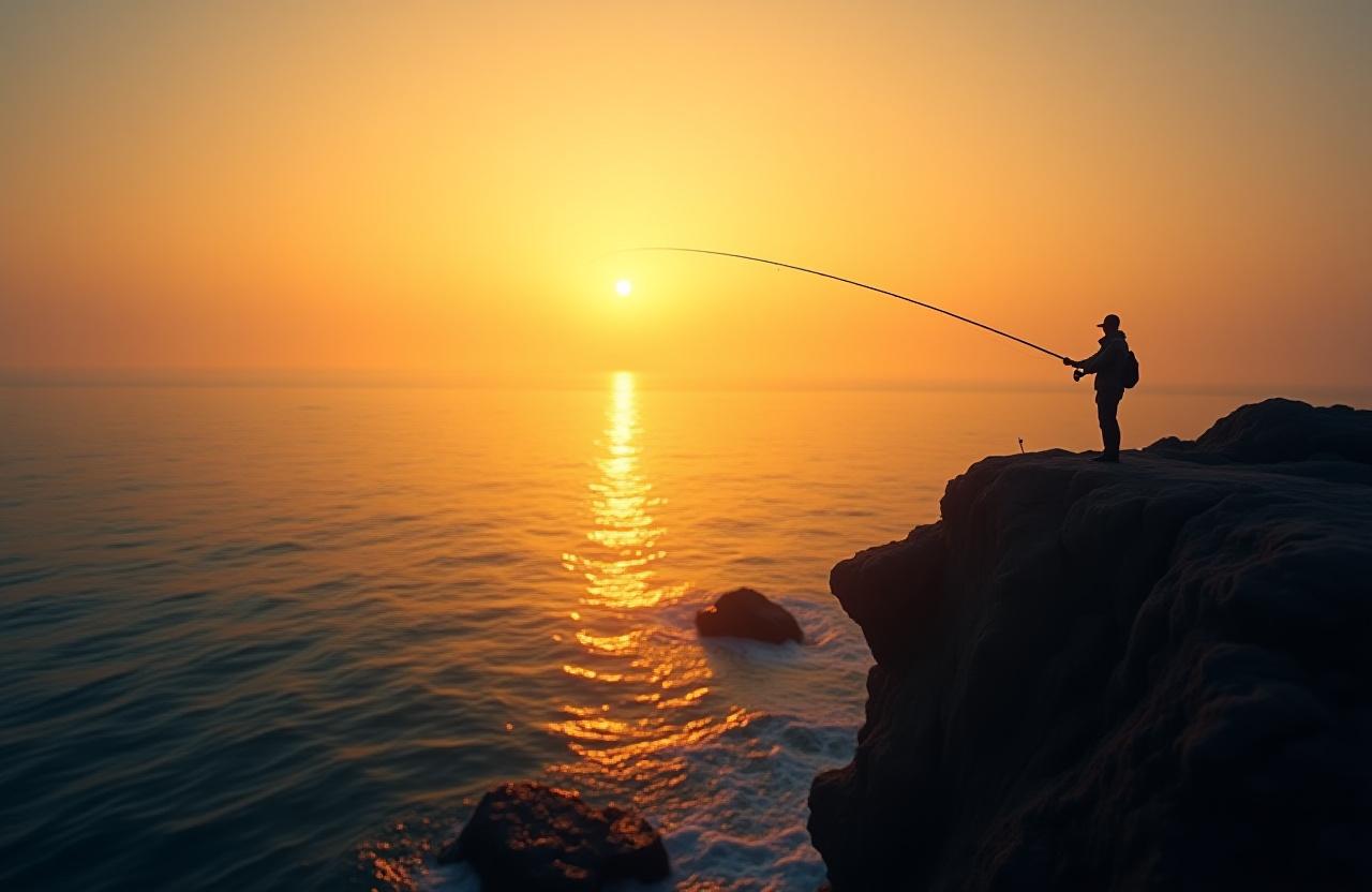 Pescatore su una scogliera all'alba con canna da pesca